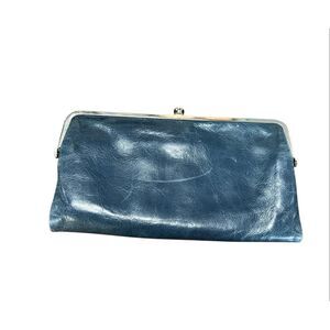 HOBO Lauren Clutch Blue Leather Bifold 2 Sided Framed Kiss Wallet Purse Bag